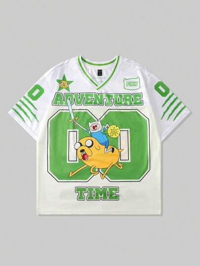 Adventure Time X ROMWE Men's Leopard Print Mesh Patchwork Sports Short Sleeve T-Shirt, Athletic Jersey