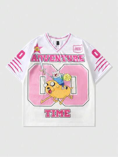 Adventure Time X ROMWE Spring/Summer Casual Graphic Pink Men'S Dog Print Mesh Patchwork Sports Short Sleeve T-Shirt, Athletic Jersey
