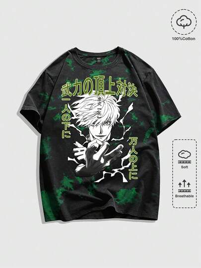 Anime Character Print Round Neck Short Sleeve Casual T-Shirt For Men