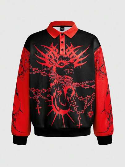 Anime Men's Dark Chain Devil Print Polo Collar Long Sleeve Casual T-Shirt Halloween, Fall