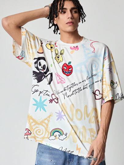 Anime Men's Hip Hop Cartoon Round Neck Short Sleeve Letter Print Casual T-Shirt