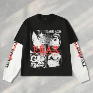 Anime Men's Patchwork 2 In 1 Print Long Sleeve T-Shirt, Loose Cropped Style, For Fall