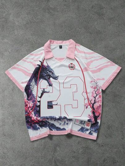 Anime Men's Street Style Short Sleeve T-Shirt, Dragon Ink Print + Number 23 Jersey, Essential For Casual, Outdoor, Sports