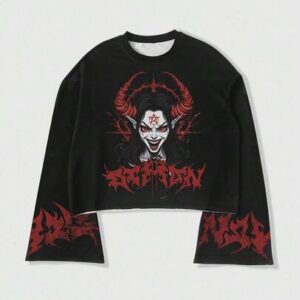 Anime Men Letter & Portrait Gothic Graphic Round Neck Long Sleeve T-Shirt, Fall