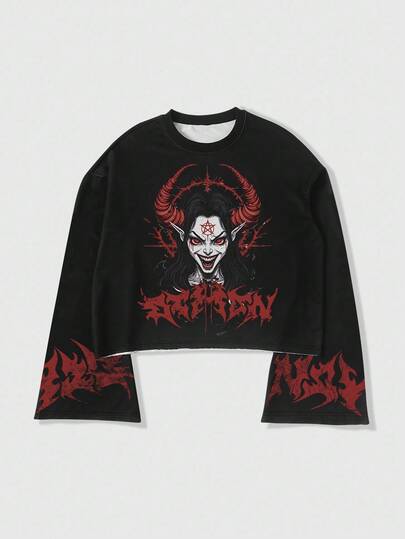 Anime Men Letter & Portrait Gothic Graphic Round Neck Long Sleeve T-Shirt, Fall