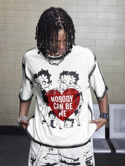 Betty Boop | ROMWE Men's Casual Portrait Graphic Round Neck Drop Shoulder Short Sleeve T-Shirt, Summer