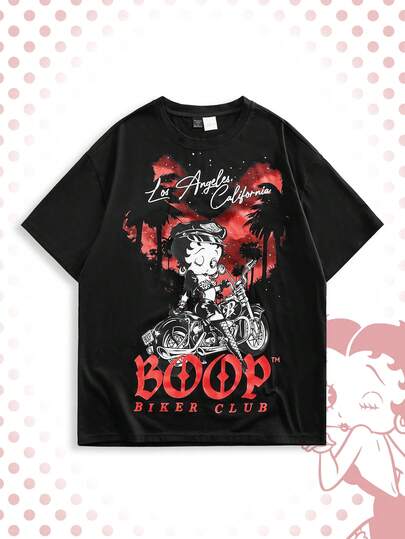 Betty Boop | ROMWE Men's Round Neck Cartoon Letter Print Casual Versatile Daily Wear Short Sleeve T-Shirt