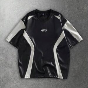 Essentials Men's Casual Contrast Color PU Leather T-Shirt