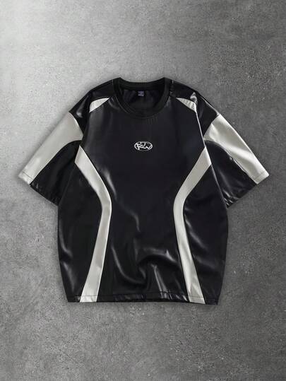Essentials Men's Casual Contrast Color PU Leather T-Shirt