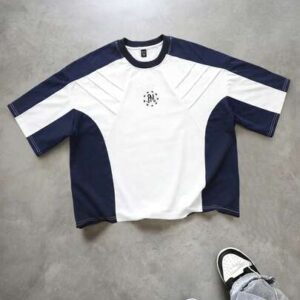 Essentials Men's Patchwork Contrast Color Letter Print Round Neck Casual Loose T-Shirt