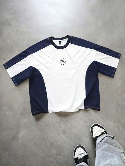 Essentials Men's Patchwork Contrast Color Letter Print Round Neck Casual Loose T-Shirt