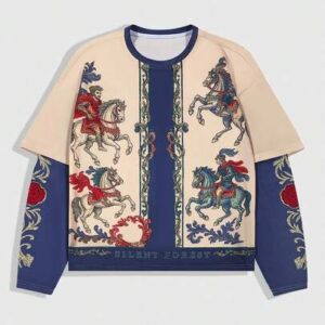 Goth Men's 2 In 1 Contrast Color Patchwork Knight Print Long Sleeve T-Shirt