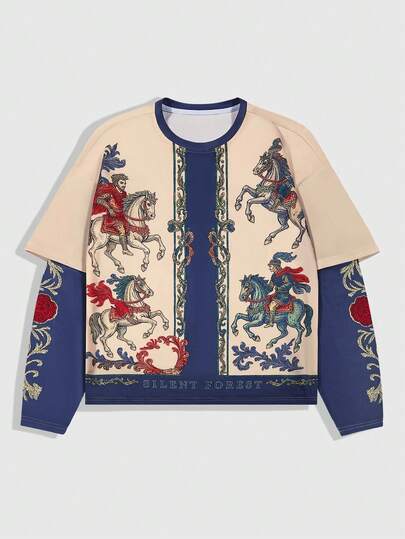 Goth Men's 2 In 1 Contrast Color Patchwork Knight Print Long Sleeve T-Shirt