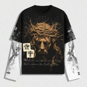 Goth Men's 2 In 1 Long Sleeve Jesus T-Shirt, Punk Street Style Top, Fall