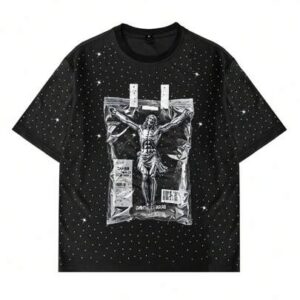 Goth Men's Black Diamond Religious Character Pattern Print Short Sleeve T-Shirt