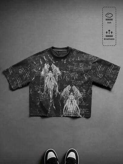 Goth Men's Casual Dark Human Portrait Graphic Round Neck Short Sleeve T-Shirt,  Spring/Summer