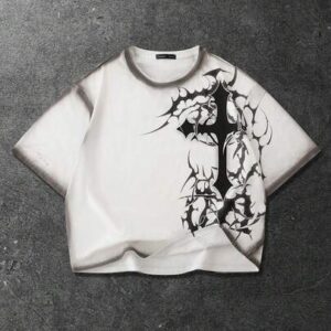 Goth Men's Casual Fashionable Street Daily Commute Cross Print Ombre Contrast Trim Loose T-Shirt, Summer