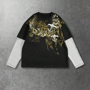 Goth Men's Casual Fashionable Street Slogan Print Contrast Color Long Sleeve 2 In 1 T-Shirt, Spring/Autumn