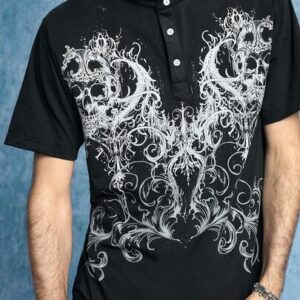 Goth Men's Casual Henley Neck Printed Short Sleeve T-Shirt, Summer