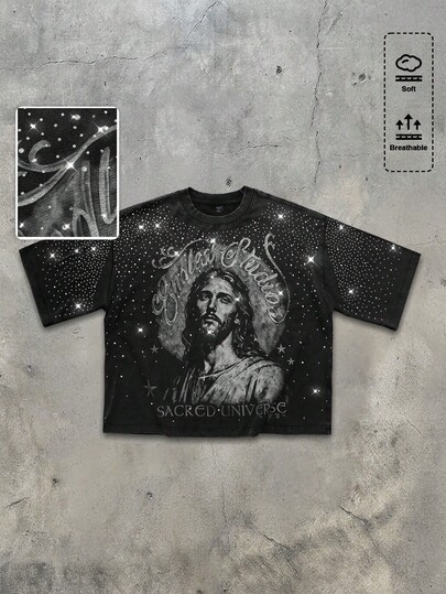 Goth Men's Casual Letter & Jesus Print Round Neck Short Sleeve T-Shirt, Summer