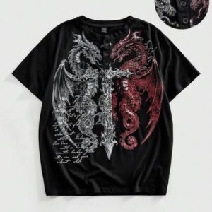 Goth Men's Casual Loose Fit Henley Neck Printed T-Shirt, Summer