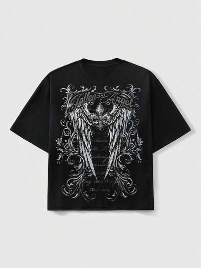 Goth Men's Casual Rhinestone Letter & Wing Graphic T-Shirt