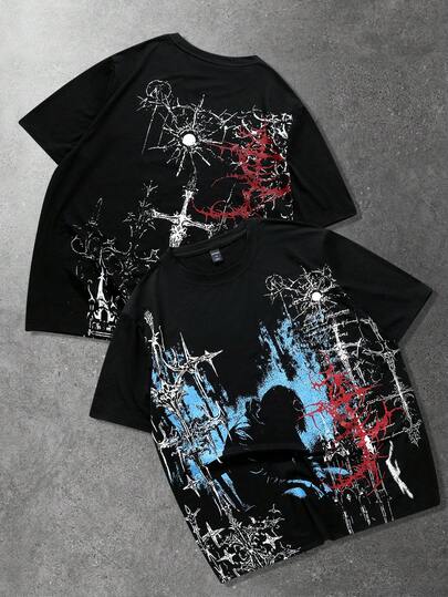 Goth Men's Casual Street American Dark Detailed Print Short Sleeve T-Shirt
