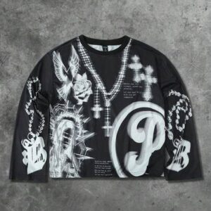 Goth Men's Casual Street Letter & Cross Print Long Sleeve T-Shirt, Autumn