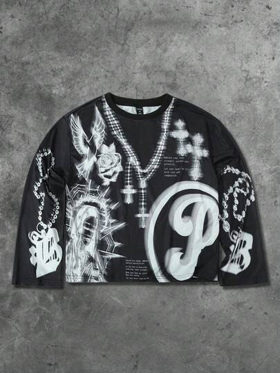 Goth Men's Casual Street Letter & Cross Print Long Sleeve T-Shirt, Autumn