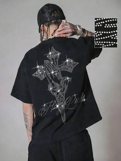 Goth Men's Casual Street Style Round Neck Short Sleeve Rhinestone Embellished T-Shirt