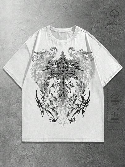 Goth Men's Casual Wing & Cross Print T-Shirt, Summer