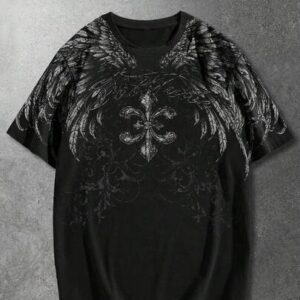 Goth Men's Casual Wing Print Loose Short Sleeve T-Shirt, Summer