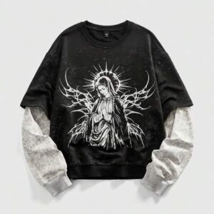 Goth Men's Contrast Color Patchwork Virgin Mary Print 2 In 1 Long Sleeve T-Shirt