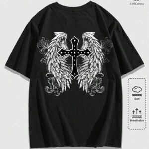 Goth Men's Cross & Letter Print Black Round Neck Short Sleeve T-Shirt