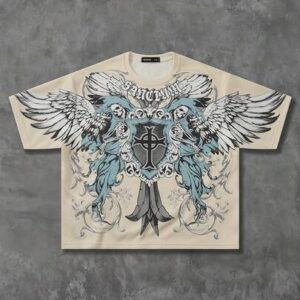 Goth Men's Cross & Wing Print Casual Short Sleeve T-Shirt