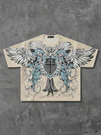 Goth Men's Cross & Wing Print Casual Short Sleeve T-Shirt