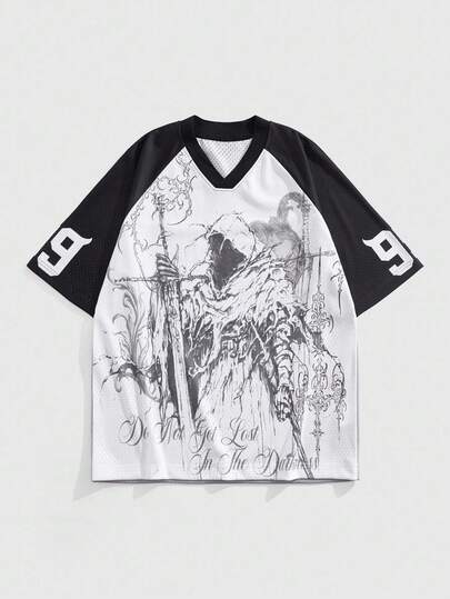 Goth Men's Fashion Contrast Color Number Patchwork Print T-Shirt