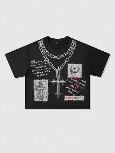 Goth Men's Grunge Chain Pattern Heavyweight Loose Short Style Printed T-Shirt