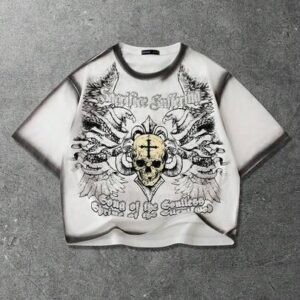 Goth Men's Handpainted Slogan & Skull Graphic Loose Fit Drop Shoulder T-Shirt Spring/Summer