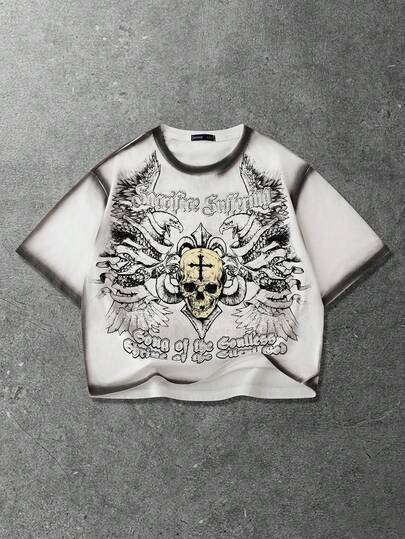 Goth Men's Handpainted Slogan & Skull Graphic Loose Fit Drop Shoulder T-Shirt Spring/Summer