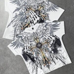 Goth Men's Letter & Cross Print Round Neck Short Sleeve Casual T-Shirt