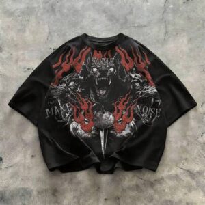 Goth Men's Letter & Flame Print Round Neck Casual Short Sleeve T-Shirt, Loose Fit