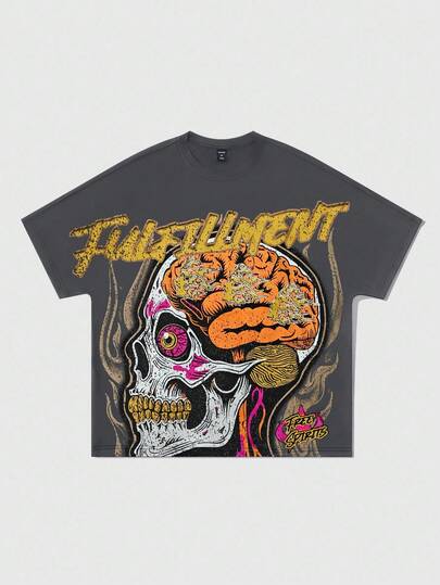 Goth Men's Letter & Skull Graphic Round Neck Short Sleeve Casual T-Shirt