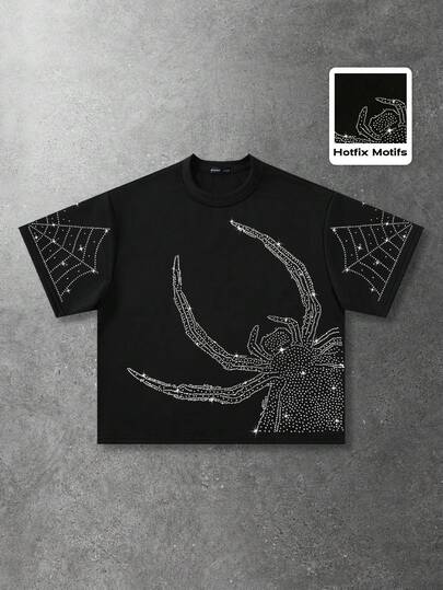 Goth Men's Loose Fit Sparkling Diamond Embellished Short Sleeve T-Shirt