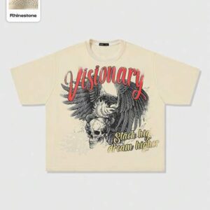 Goth Men's Loose Short Oversized T-Shirt With Rhinestone Skull And Wing Print