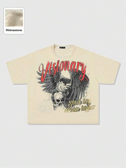 Goth Men's Loose Short Oversized T-Shirt With Rhinestone Skull And Wing Print