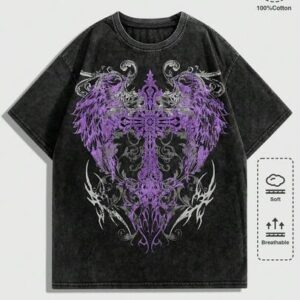 Goth Men's Round Neck Wing & Cross Print Casual Versatile Daily Wear T-Shirt