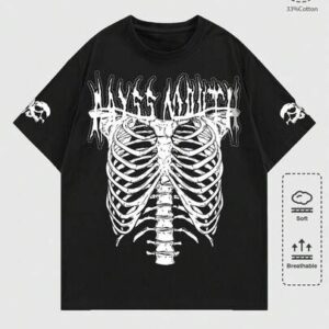 Goth Men's Skeleton Print Casual Loose Fit Round Neck Short Sleeve T-Shirt