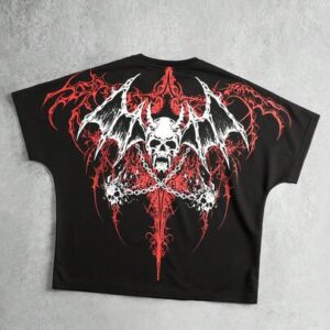 Goth Men's Skull & Wing Print Round Neck Short Sleeve T-Shirt, Vintage Street Style