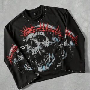 Goth Men's Sparkling Diamond Skull Print Long Sleeve T-Shirt